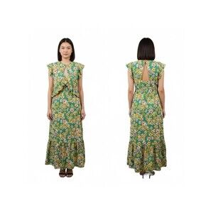 Collective Concepts Floral Maxi Dress Ruffle Sleeves Green Yellow L